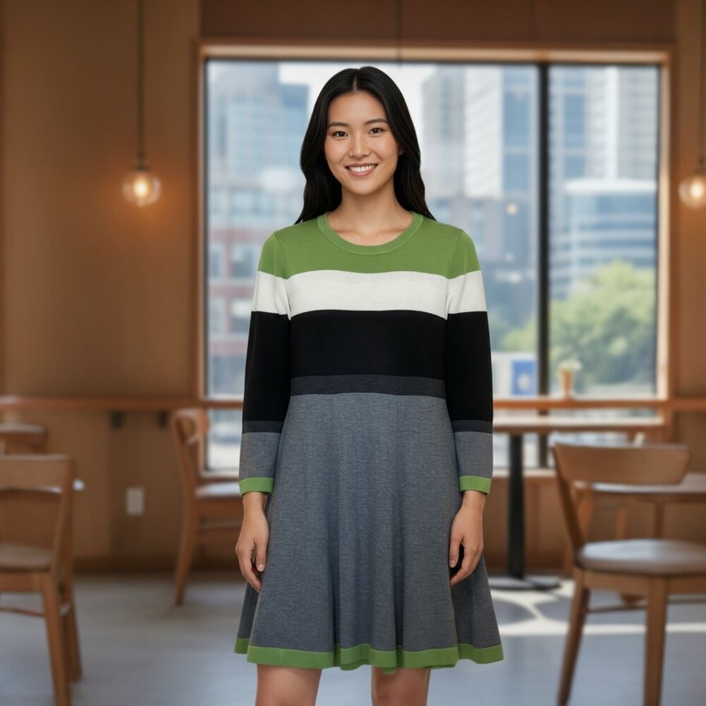 HI Knit Colorblock Sweater Dress – Green, Gray & Black | Size M | JC Penney